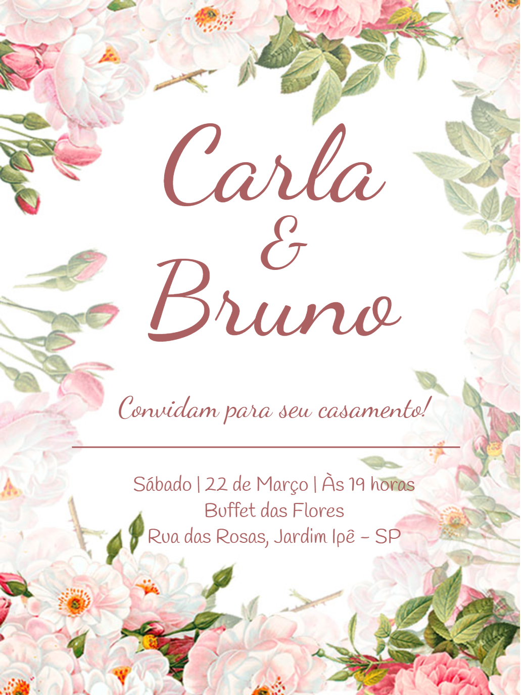 Convite de Casamento Floral com Rosas para Editar Online