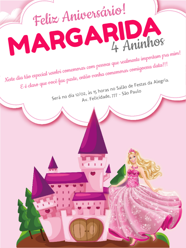 Convite Aniversário Princesa e Castelo Rosa para Editar Online Convite Aniversário Princesa e Castelo Rosa para Editar Online