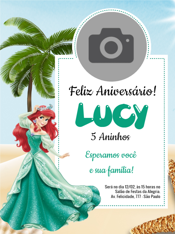 Convite de Aniversário Ariel Pequena Sereia com Foto para Editar