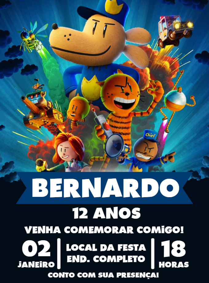 Convite Aniversário Homem Cão com Personagens para Editar Convite Aniversário Homem Cão com Personagens para Editar