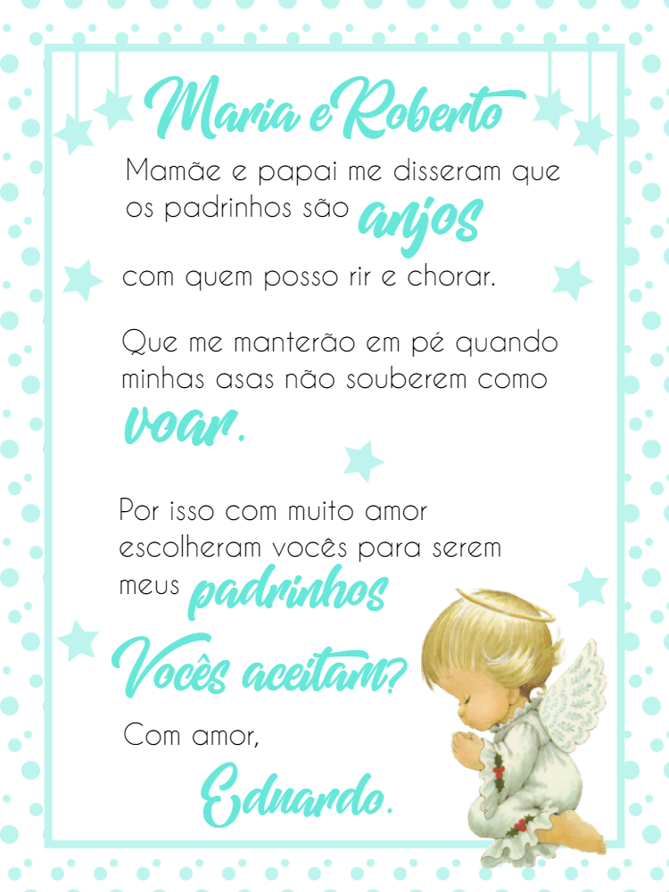 Convite Padrinhos de Batizado Anjinho Azul para Editar Convite Padrinhos de Batizado Anjinho Azul para Editar