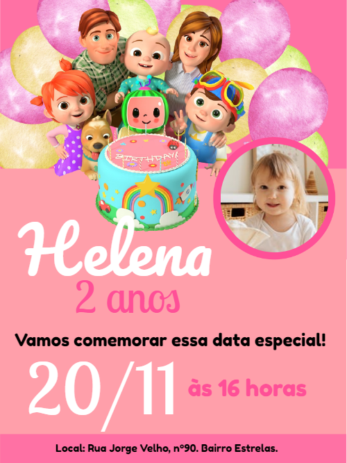 Convite de Aniversário Cocomelon com Foto para Editar Online Convite de Aniversário Cocomelon com Foto para Editar Online