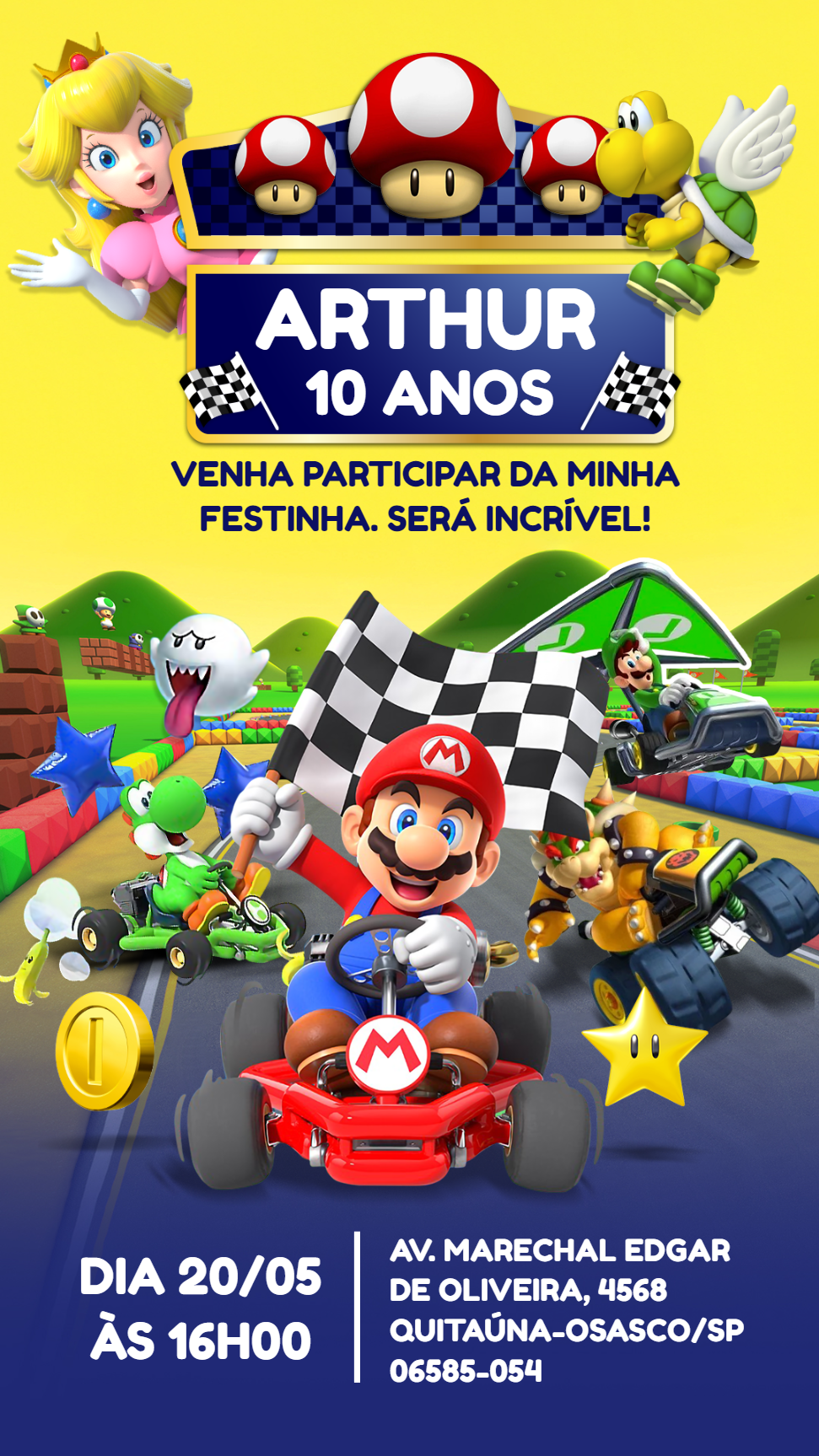 Convite de Aniversário Mario Kart com Personagens para Editar
