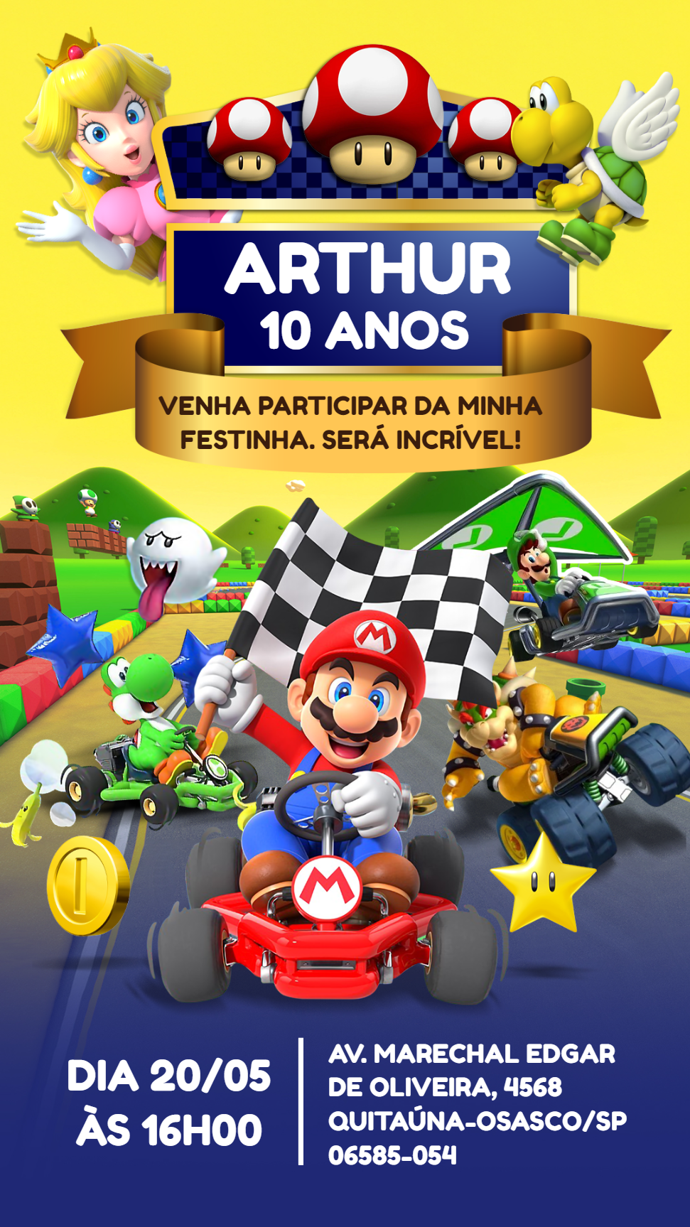 Convite de Aniversário Mario Kart com Personagens para Editar Convite de Aniversário Mario Kart com Personagens para Editar