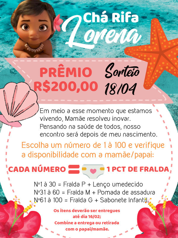 Convite Chá Rifa Moana Baby Editável para Enviar Online Convite Chá Rifa Moana Baby Editável para Enviar Online