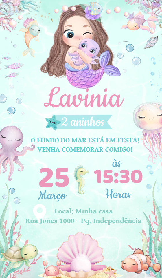 Convite de Aniversário Sereia Fundo do Mar para Editar Online Convite de Aniversário Sereia Fundo do Mar para Editar Online