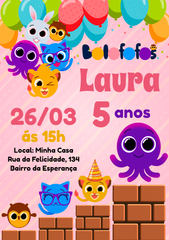 Convite de Aniversário Bolofofos com Personagens para Editar Convite de Aniversário Bolofofos com Personagens para Editar