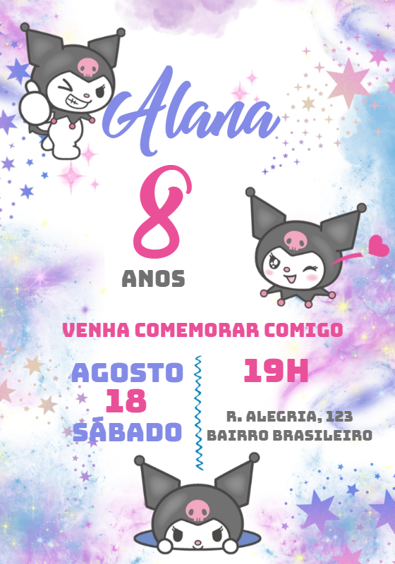 Convite de Aniversário Kuromi Sanrio para Editar Online Convite de Aniversário Kuromi Sanrio para Editar Online