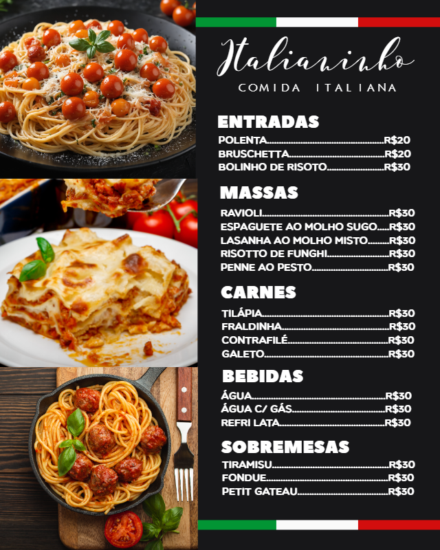 Modelo de Cardápio Italiano com Fotos para Editar Online