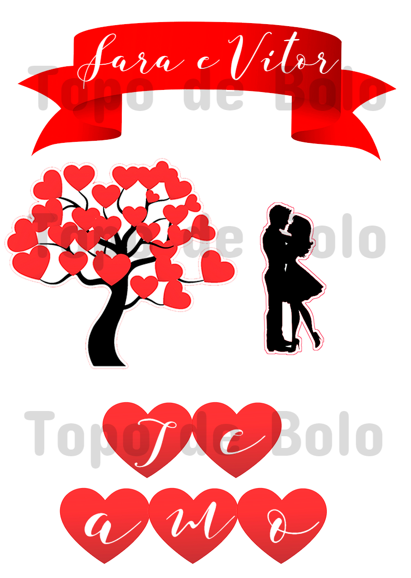 Topo de Bolo Romântico com Casal e Corações para Editar Topo de Bolo Romântico com Casal e Corações para Editar