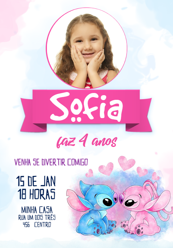 Convite Aniversário Stitch e Angel Aquarela com Foto para Editar Convite Aniversário Stitch e Angel Aquarela com Foto para Editar