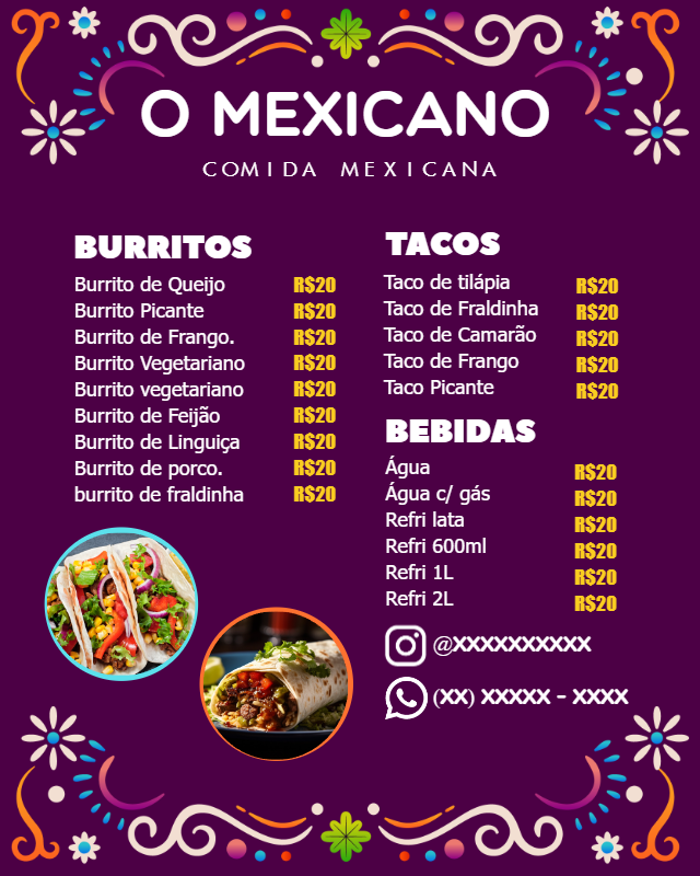Cardápio Mexicano Temático para Editar Online e Imprimir Cardápio Mexicano Temático para Editar Online e Imprimir