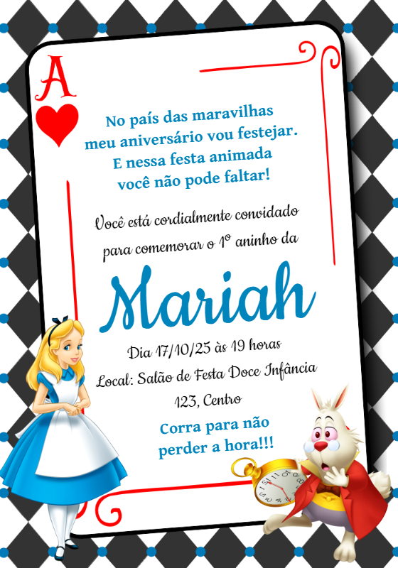 Convite de Aniversário Alice no País das Maravilhas para Editar