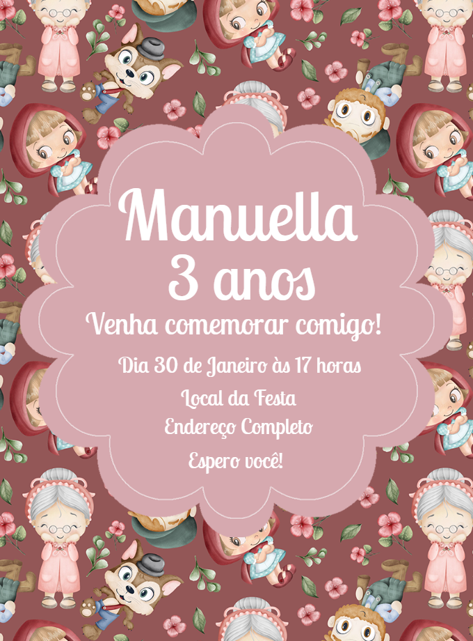 Convite Aniversário Chapeuzinho Vermelho para Editar Online Convite Aniversário Chapeuzinho Vermelho para Editar Online