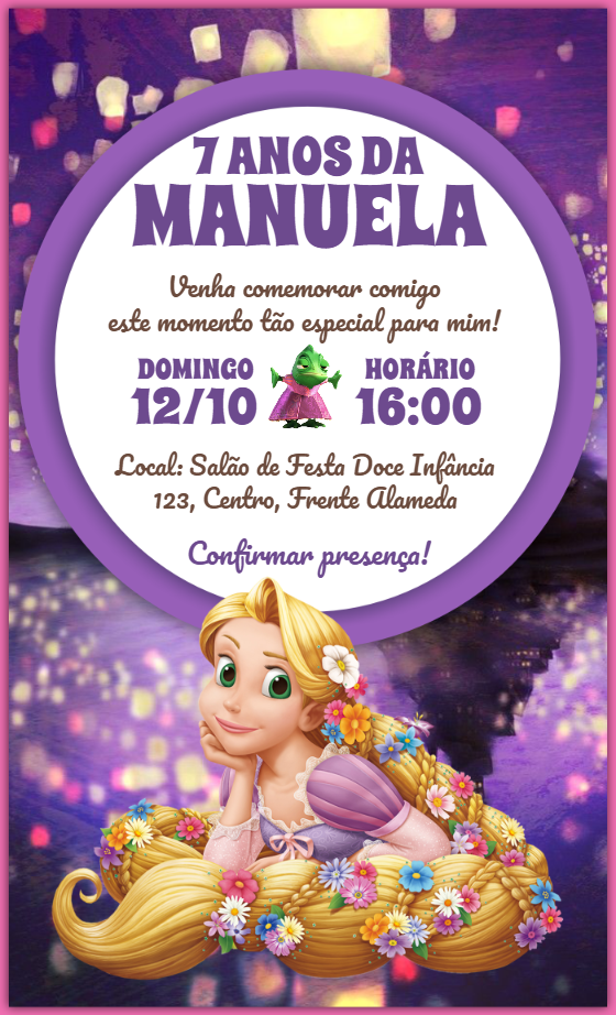 Convite de Aniversário Princesa Rapunzel Editável Online Convite de Aniversário Princesa Rapunzel Editável Online