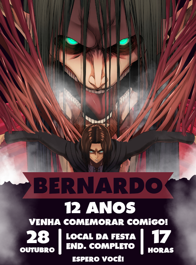 Convite Aniversário Eren Yeager Attack on Titan para Editar Convite Aniversário Eren Yeager Attack on Titan para Editar