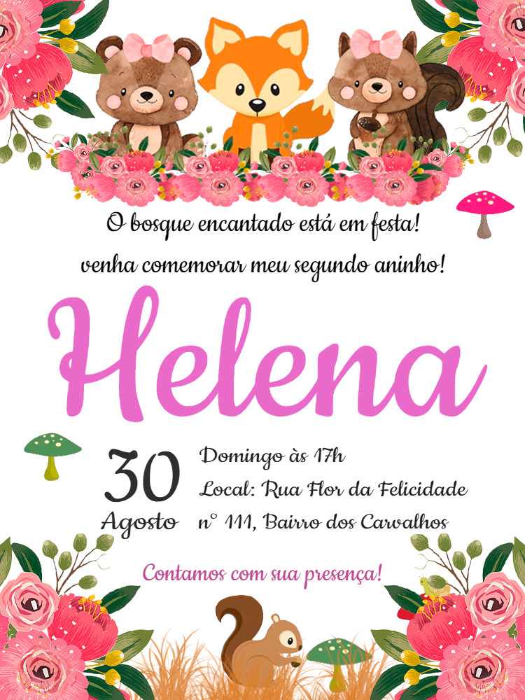 Convite Aniversário Bosque Encantado com Animais para Editar Convite Aniversário Bosque Encantado com Animais para Editar