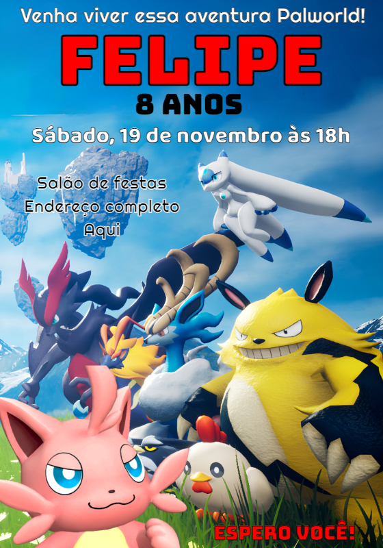 Convite de Aniversário Palworld com Personagens para Editar Convite de Aniversário Palworld com Personagens para Editar