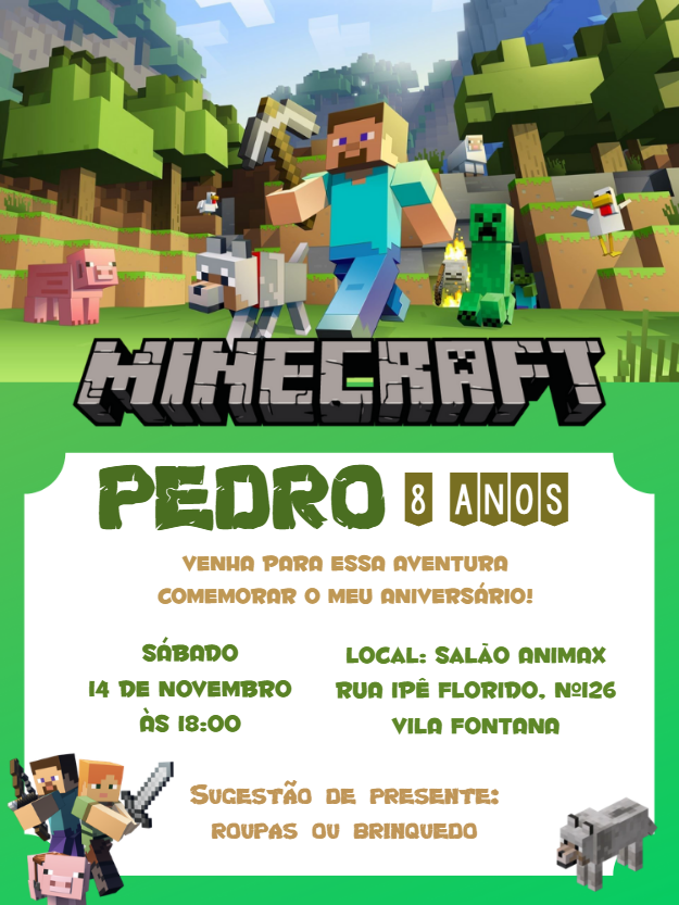 Convite de Aniversário Minecraft com Personagens para Editar Convite de Aniversário Minecraft com Personagens para Editar