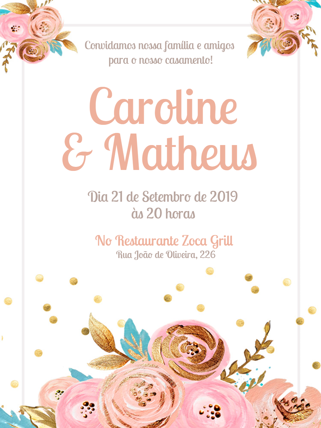 Convite de Casamento Floral Aquarela Rosa e Dourado para Editar