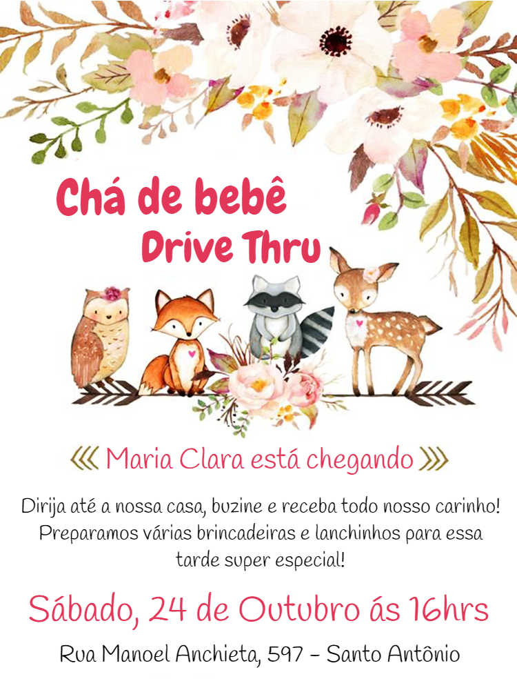 Convite Chá de Bebê Bosque Encantado com Animais para Editar Convite Chá de Bebê Bosque Encantado com Animais para Editar