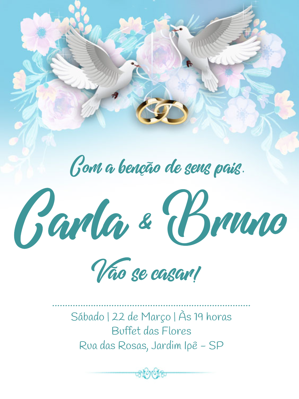 Convite de Casamento com Pombos e Alianças para Editar Online Convite de Casamento com Pombos e Alianças para Editar Online