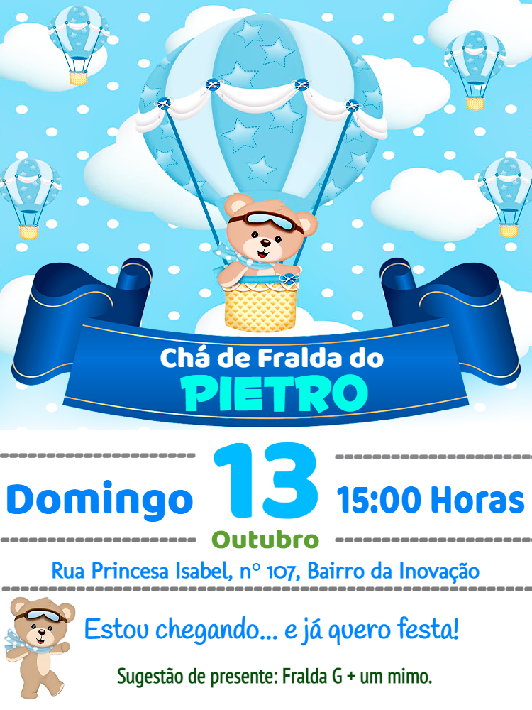 Convite Chá de Fralda Ursinho Baloeiro para Editar Online Convite Chá de Fralda Ursinho Baloeiro para Editar Online