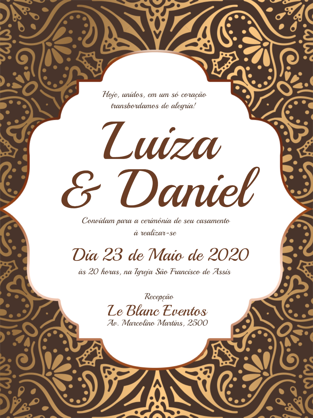 Convite de Casamento Arabescos Marrom e Dourado para Editar Convite de Casamento Arabescos Marrom e Dourado para Editar