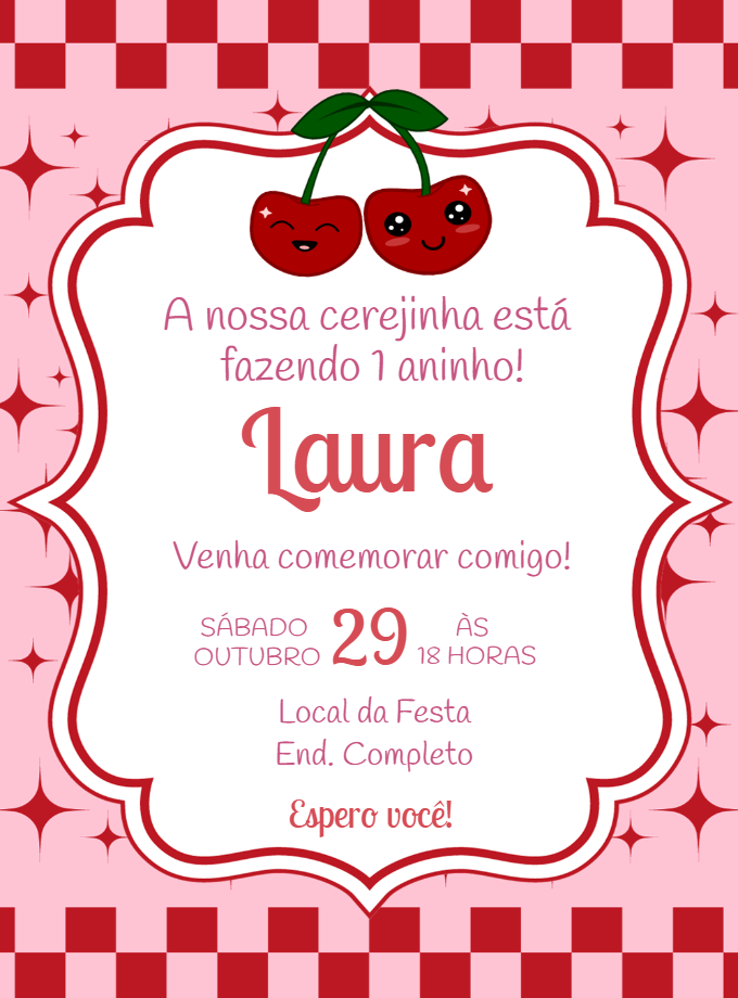 Convite de Aniversário Cerejinha para Editar e Personalizar Convite de Aniversário Cerejinha para Editar e Personalizar