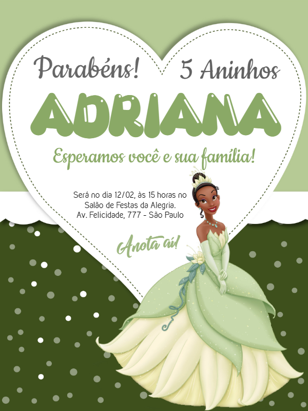 Convite de Aniversário Princesa Tiana para Editar Online