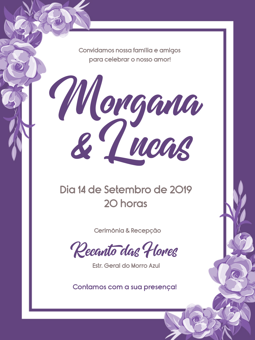 Convite de Casamento Floral Roxo e Lilás para Editar Online