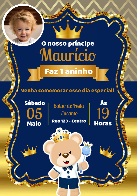 Convite de Aniversário Ursinho Príncipe com Foto para Editar Convite de Aniversário Ursinho Príncipe com Foto para Editar
