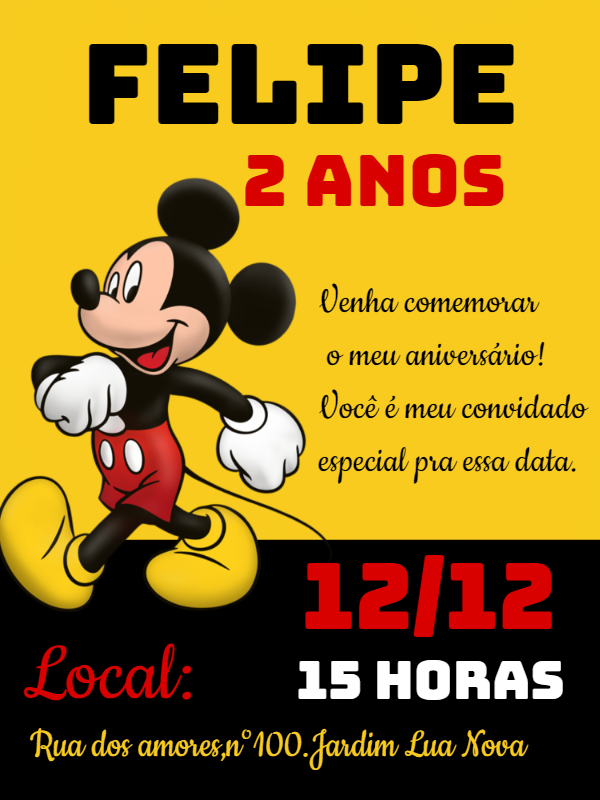 Convite de Aniversário Mickey Mouse para Editar Online