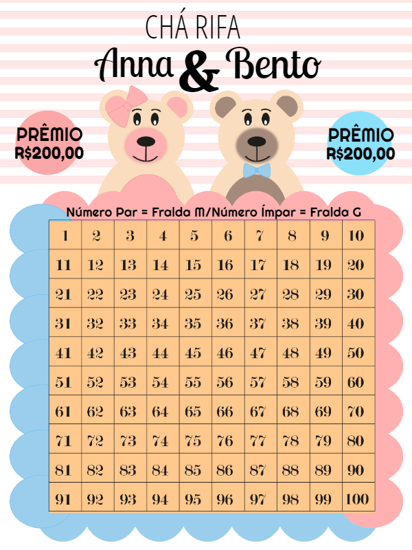 Chá Rifa Ursinhos Gêmeos Editável para Chá de Bebê Chá Rifa Ursinhos Gêmeos Editável para Chá de Bebê