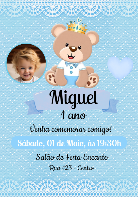 Convite Aniversário Ursinho Príncipe com Foto para Editar Convite Aniversário Ursinho Príncipe com Foto para Editar