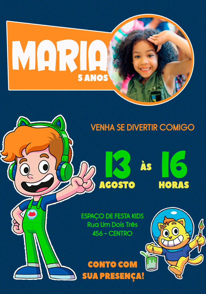 Convite Aniversário Gato Galáctico com Foto para Editar Online Convite Aniversário Gato Galáctico com Foto para Editar Online