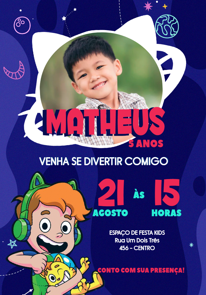 Convite Aniversário Gato Galáctico com Foto para Editar Online Convite Aniversário Gato Galáctico com Foto para Editar Online
