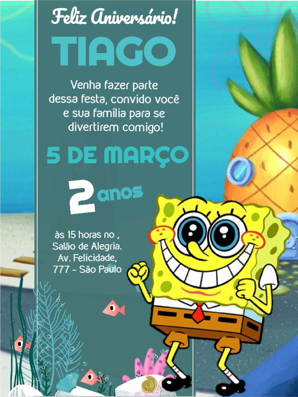 Convite de Aniversário Bob Esponja para Editar Online