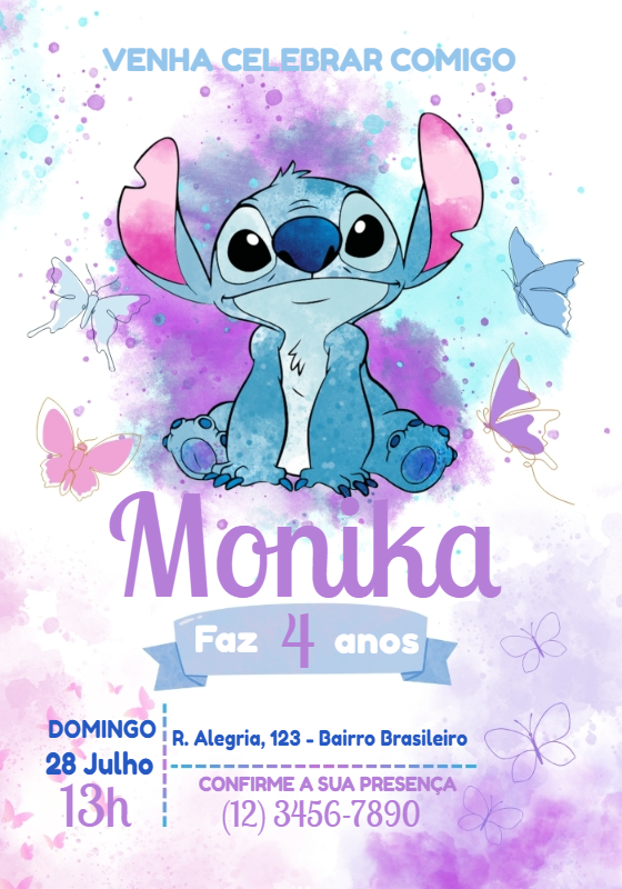 Convite de Aniversário Stitch e Borboletas para Editar Online Convite de Aniversário Stitch e Borboletas para Editar Online