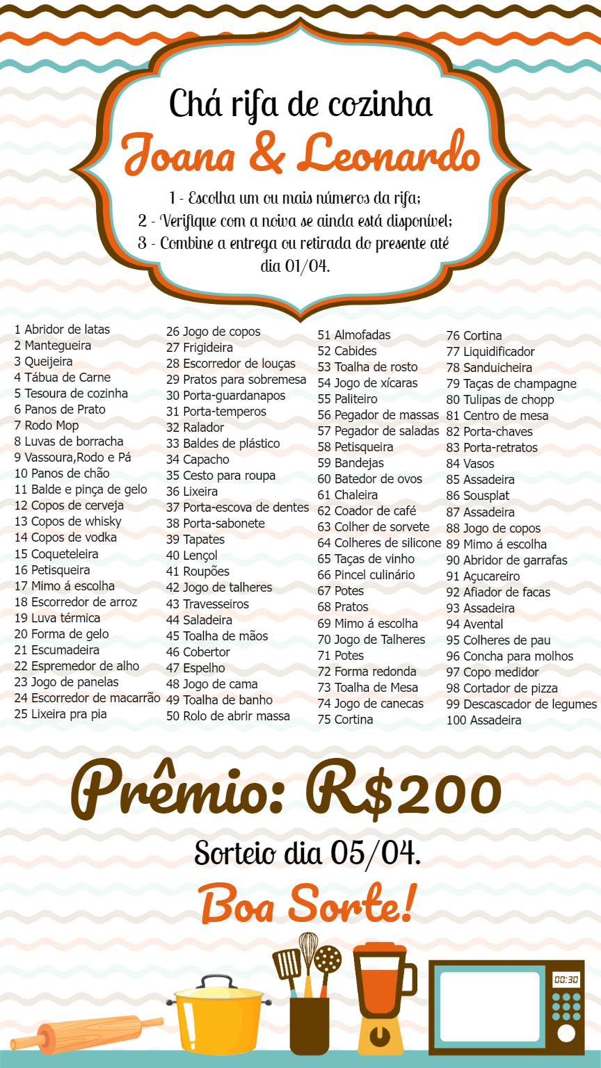 Rifa para Chá de Cozinha com Lista de Presentes para Editar Rifa para Chá de Cozinha com Lista de Presentes para Editar