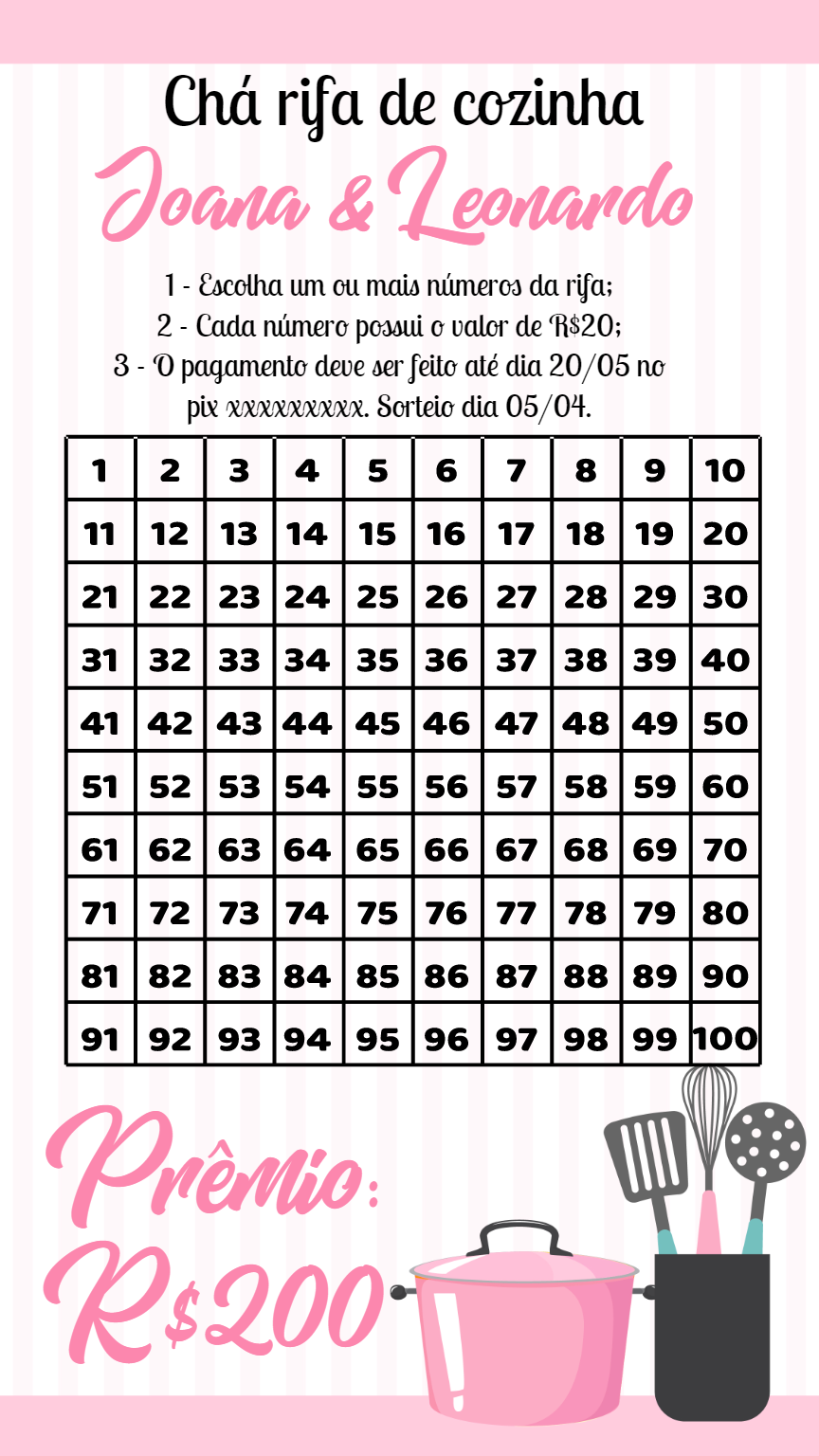 Rifa Chá de Cozinha com Números para Editar Online Rifa Chá de Cozinha com Números para Editar Online