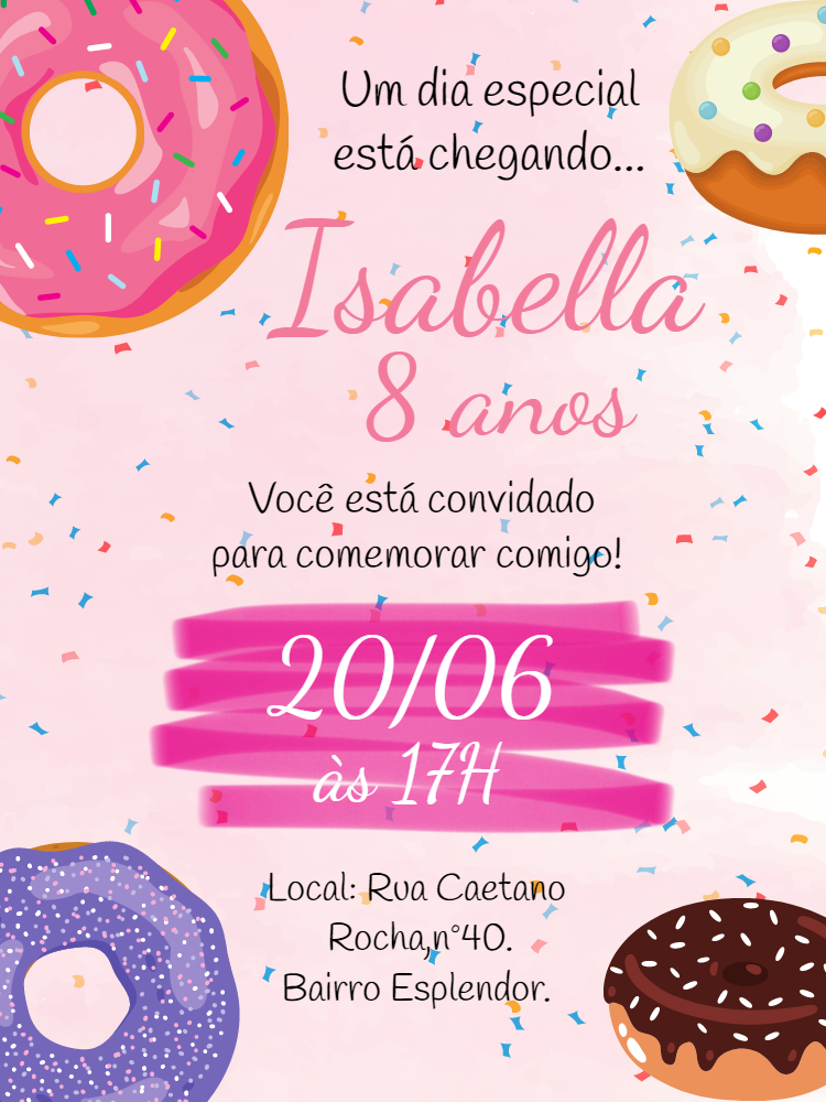 Convite de Aniversário Tema Donuts para Editar e Imprimir Convite de Aniversário Tema Donuts para Editar e Imprimir