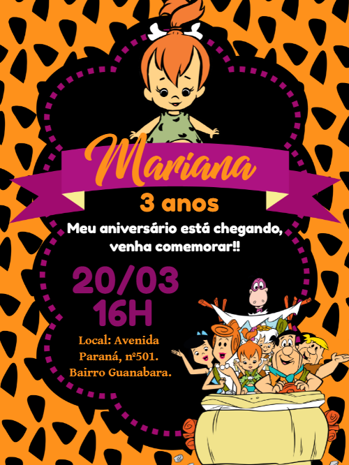 Convite Aniversário Flintstones com Pedrita para Editar Online Convite Aniversário Flintstones com Pedrita para Editar Online