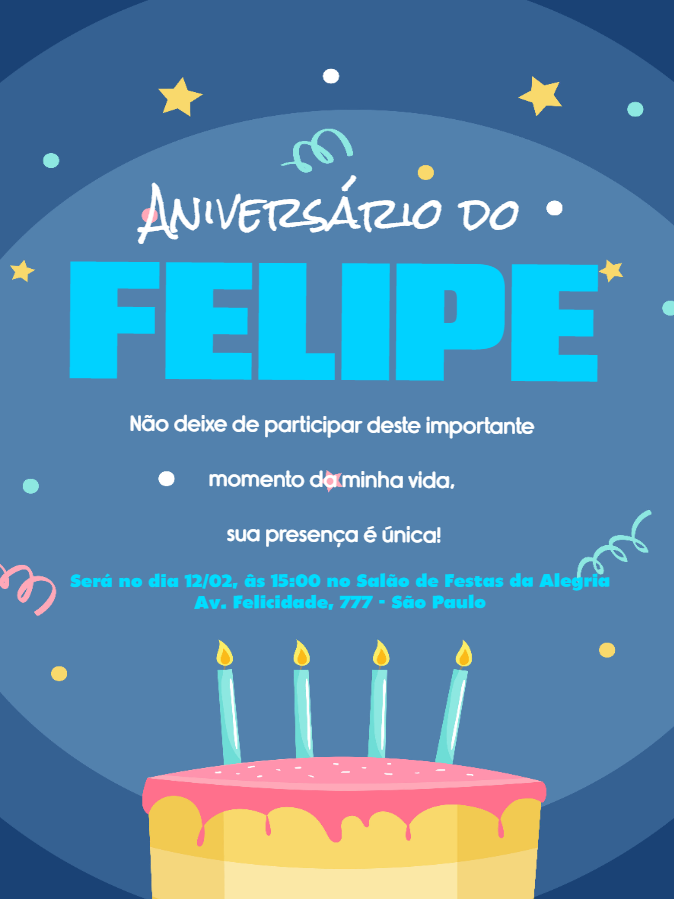 Convite de Aniversário Azul com Estrelas e Bolo para Editar
