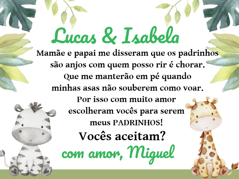 Convite Padrinhos Batismo Safari Animais para Editar Convite Padrinhos Batismo Safari Animais para Editar