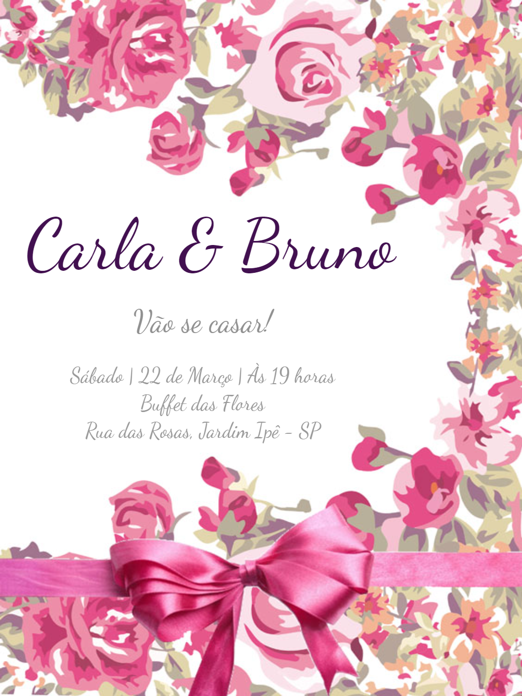 Convite de Casamento Floral Rosa com Laço para Editar Online