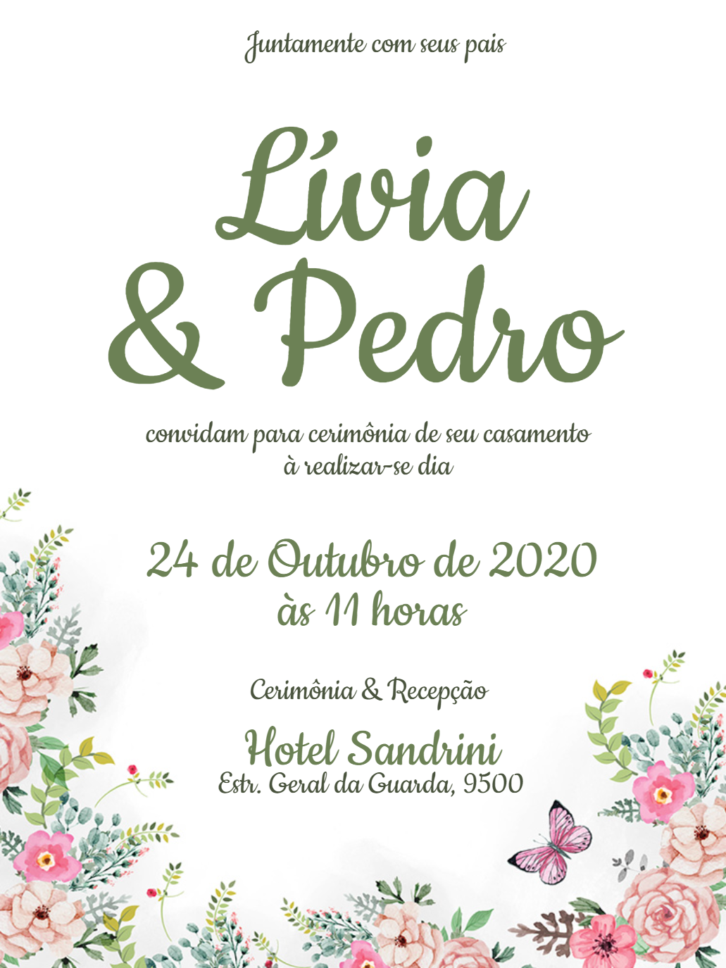 Convite de Casamento Floral com Borboletas para Editar Online Convite de Casamento Floral com Borboletas para Editar Online