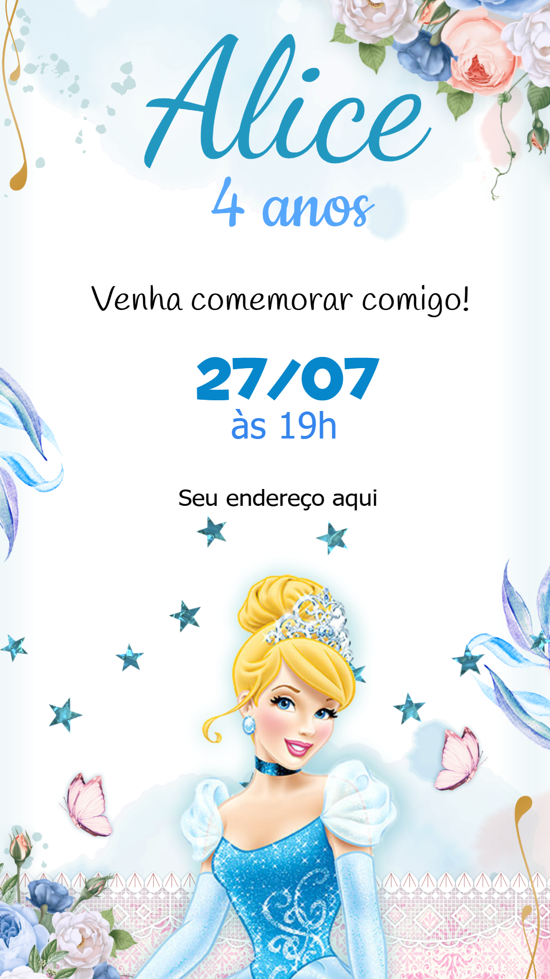 Convite de Aniversário Cinderela Princesa para Editar