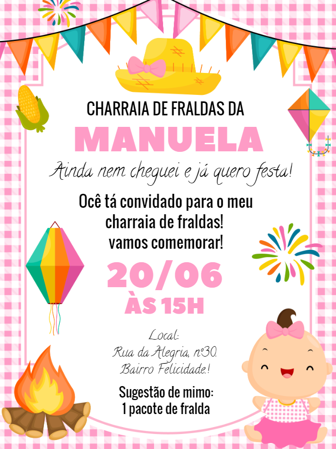 Convite Charraiá de Fraldas Festa Junina Menina para Editar Convite Charraiá de Fraldas Festa Junina Menina para Editar