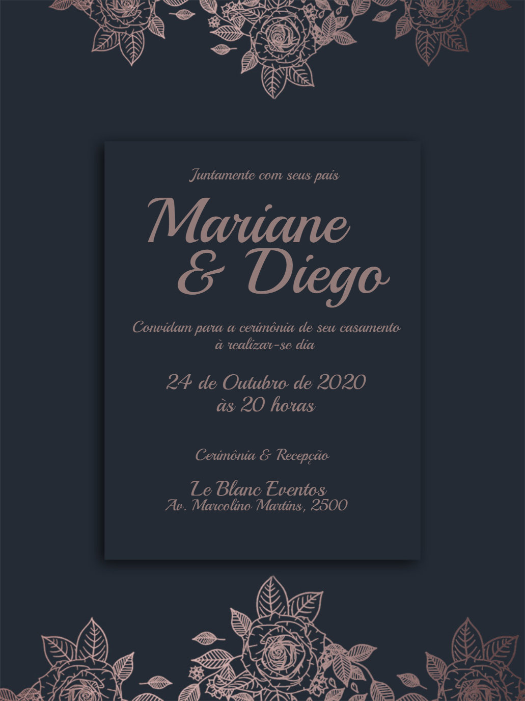 Convite de Casamento Floral Rosê Gold para Editar Online Convite de Casamento Floral Rosê Gold para Editar Online